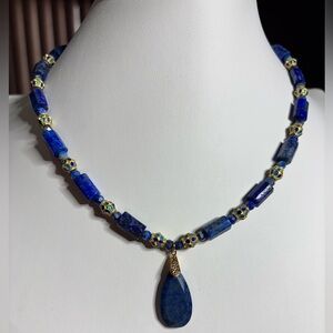 Handmade Lapis Lazuli Necklace with Blue Cloisonné beads 16.5 in
